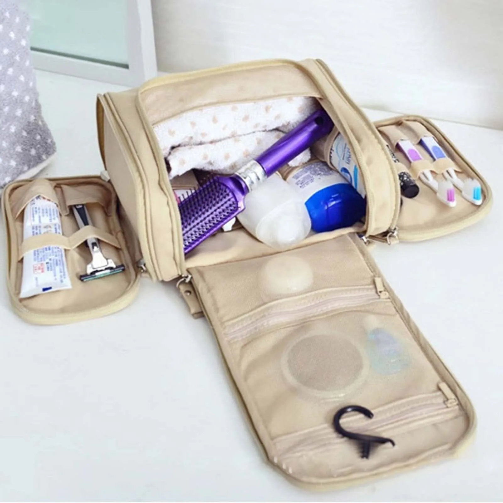 

Solid-Color Hanging Makeup Bag With 2 Side Bag Wear Resistant Waterproof Toiletry Bag For Women Men Unisex