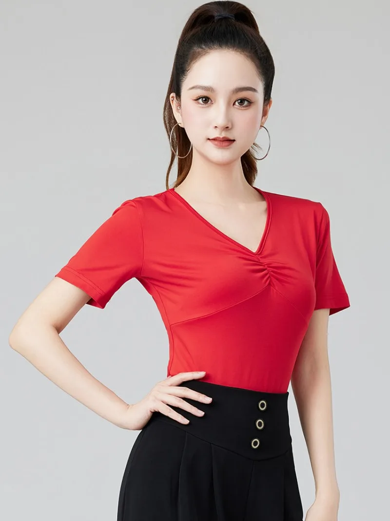 

Новый женский топ для латиноамериканских танцев с коротким рукавом и V-образным вырезом, национальный стандарт, для соло-выступлений и тренировок по самбе, современная танцевальная одежда