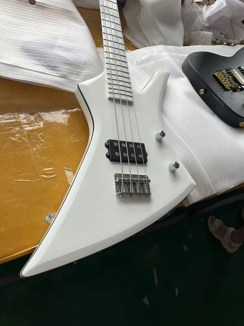 Custom 4 strings special shape electric bass,White body black binding,Silver hardware,High gloss finish,Free delivery