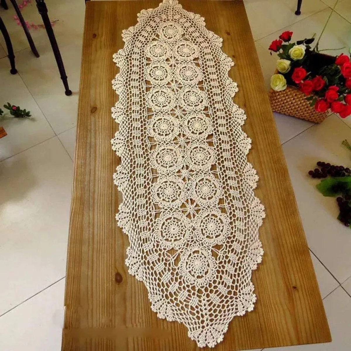 

American Style Rural Retro Dining Table Flag Handmade Crochet Crochet Flower Weaving Hollowed Out Pure Cotton Dustproof Cloth