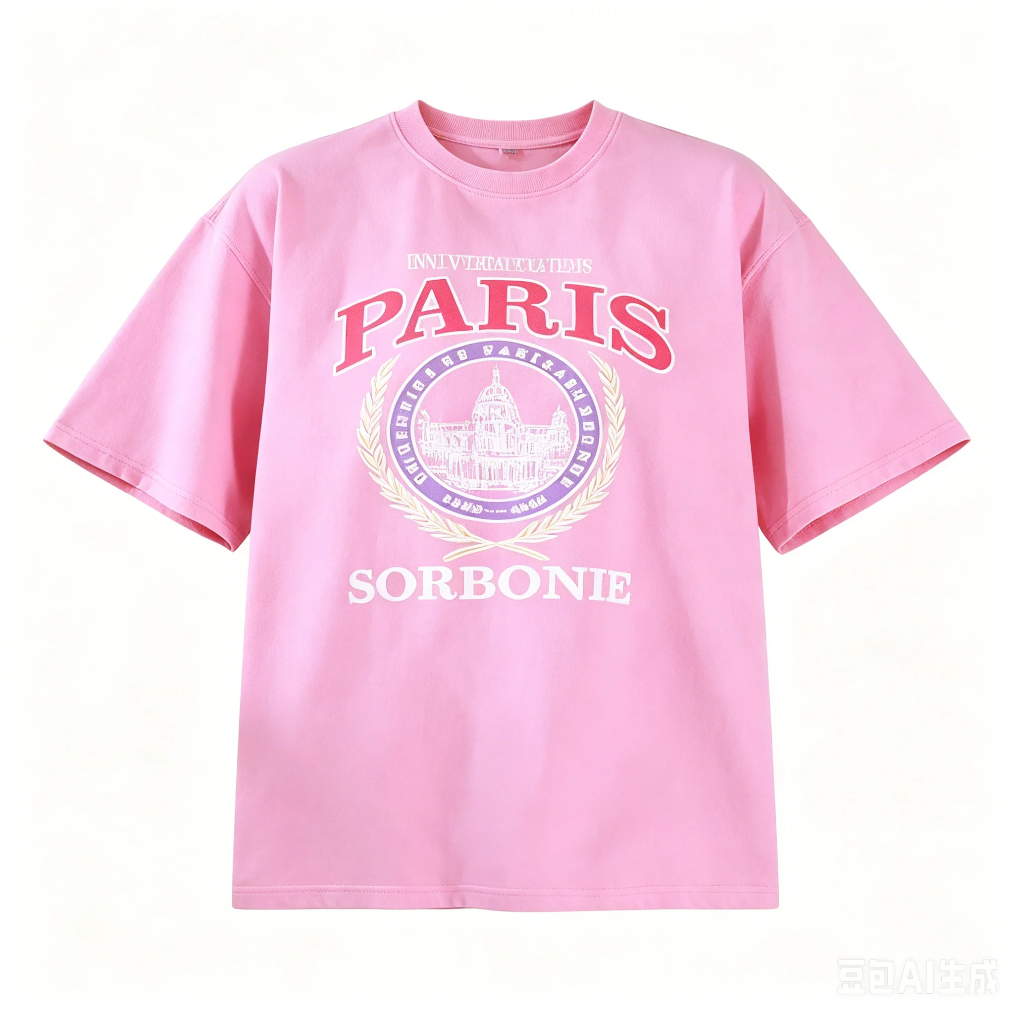 French Fashion Campus Preppy Women Pink Oversized Cotton T-Shirt Paris Sorbonne University Laurel Crest Vintage Varsity Graphic