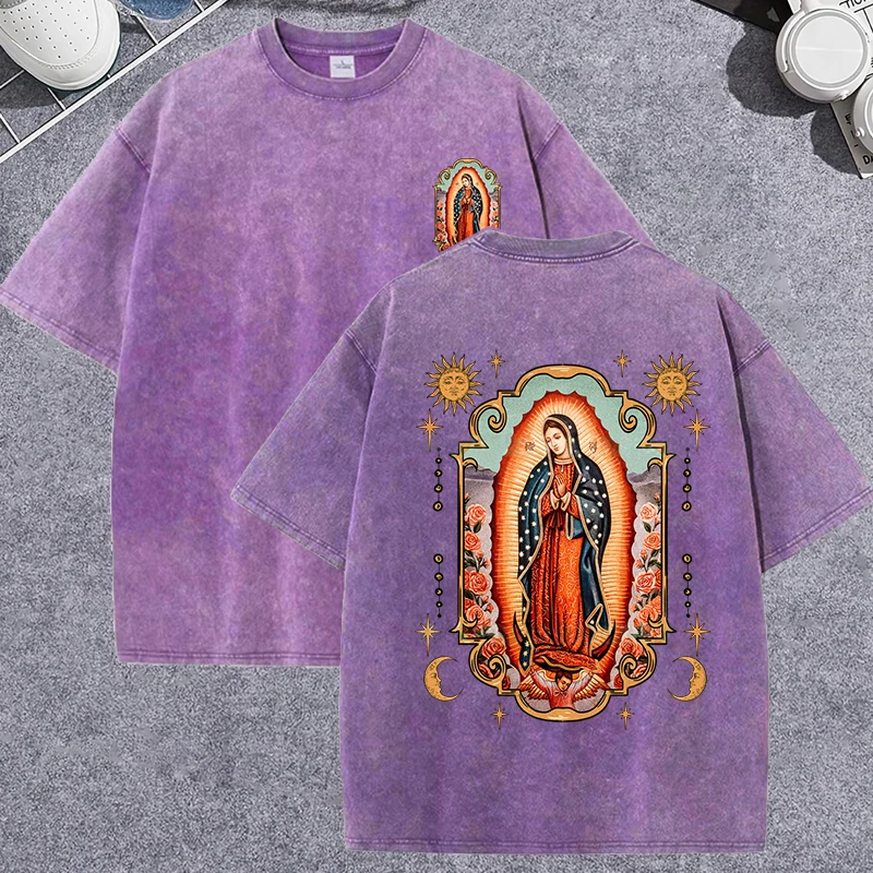 Goddess Of Prayer In Guadalupe Printed Snow Wash T Shirt Male Summer Casual Top Loose Washed T-Shirts Cotton Short Sleeve