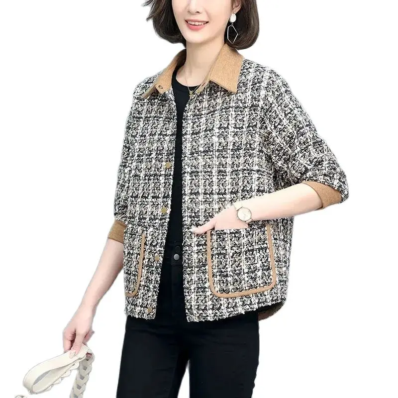 

Fashion Middle-Aged Elderly Women's Coat 2023 New Spring Autumn Jacket Adding Cotton Warmth Winter Plaid Outerwear Female Tops