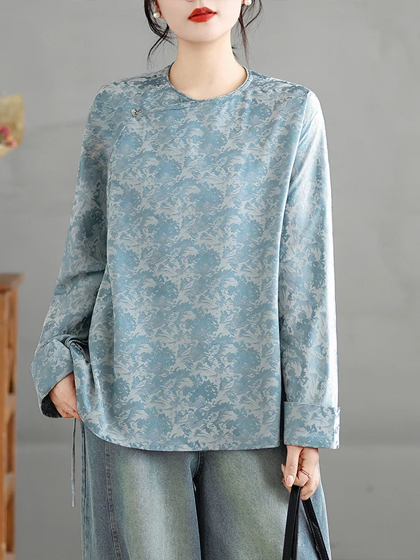 

New Chinese Sle Printed irt Women's Spring Design Versatile Top Trendy Casual Loose Fit Long Sve round Ne Flower Pat...