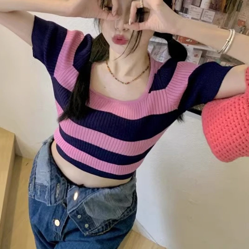 Sexy Square Collar T Shirts Crop Tops Fashion Striped Basic Cropped Knit Sweater Summer Women Sexy Streetwear Y2K