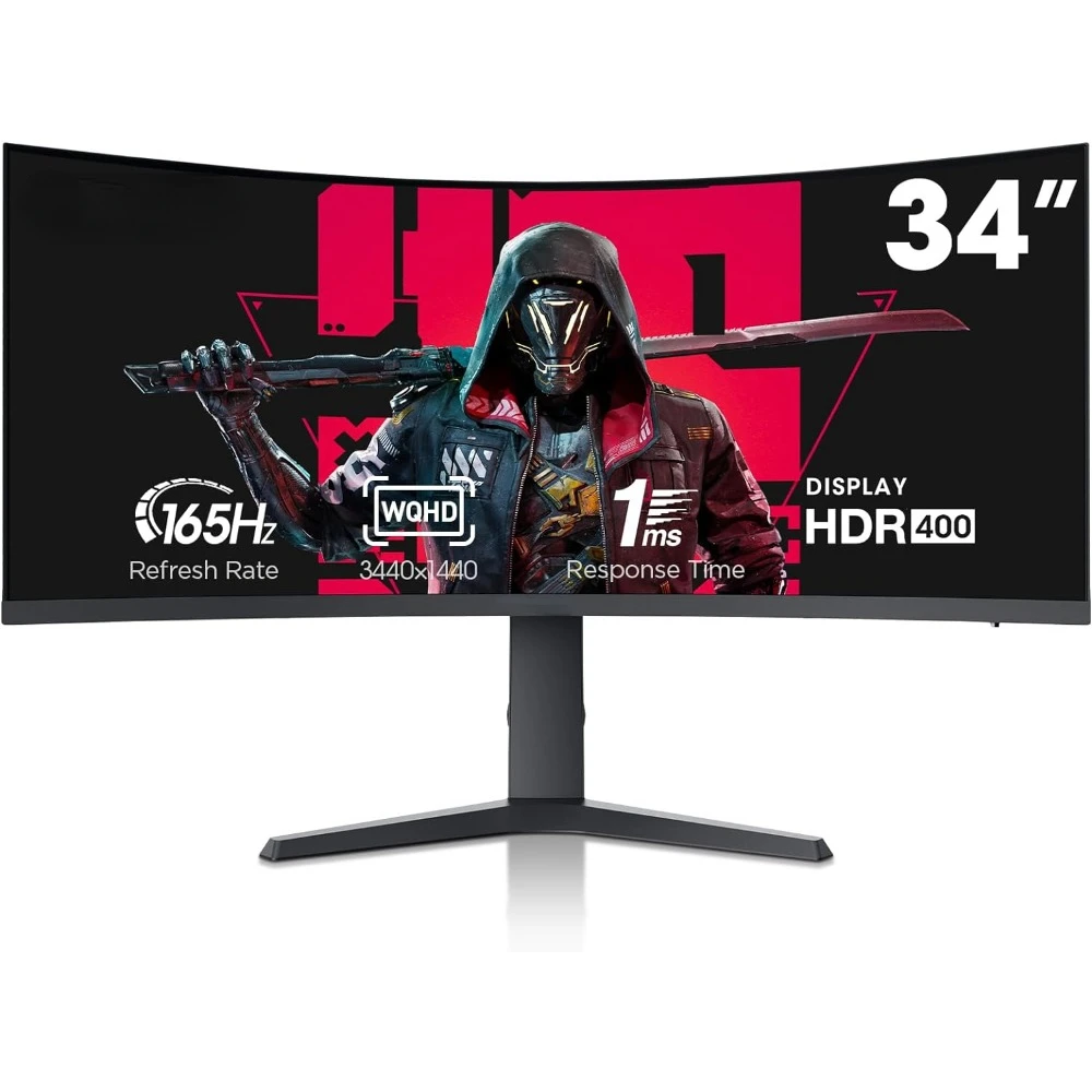 34 Inch Ultrawide Curved Gaming Monitor 165HZ, 1ms, 1000R, WQHD 3440 * 1440, 21:9, DCI-P3 90% Color Gamut, Adaptive Sync