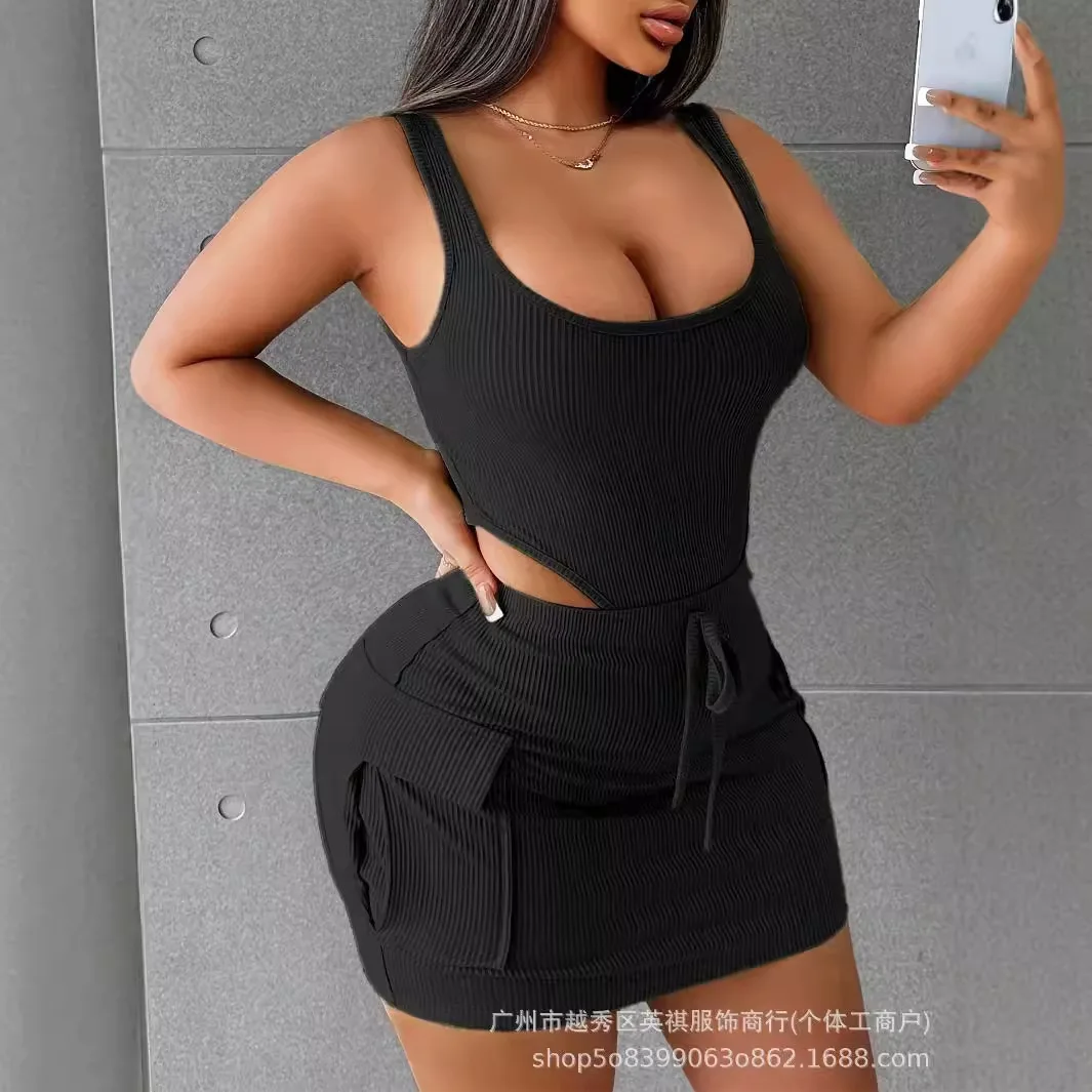 두 조각 세트 여성 스커트 세트 반바지 U 넥 매칭 세트 조끼 탑 짧은 스커트 라인 하이 웨이스트 캐주얼 힙합 랩 슬림 피트