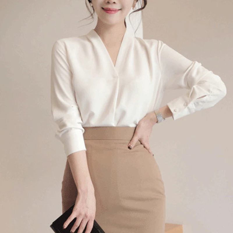 New Fashion Long Sleeve V Neck Chiffon Women's Shirts Spring Summer White Women Blouse Office Lady Clothes Korean Tops  9382