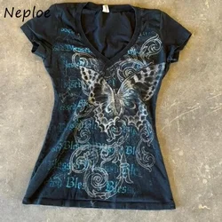 Neploe American Vintage Butterfly Sexy Slimming E-Girls Tops  2024 Summer Fairycore Streetwear 2000S Y2K Style V-Neck Tees