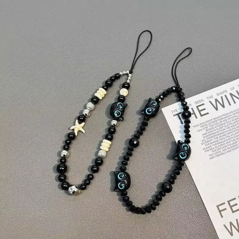 Mobile Phone Lanyard Black Cartoon Cat Print Anti-Lost Beaded Wrist Strap Adjustable Bracelet for Men Women Daily Use