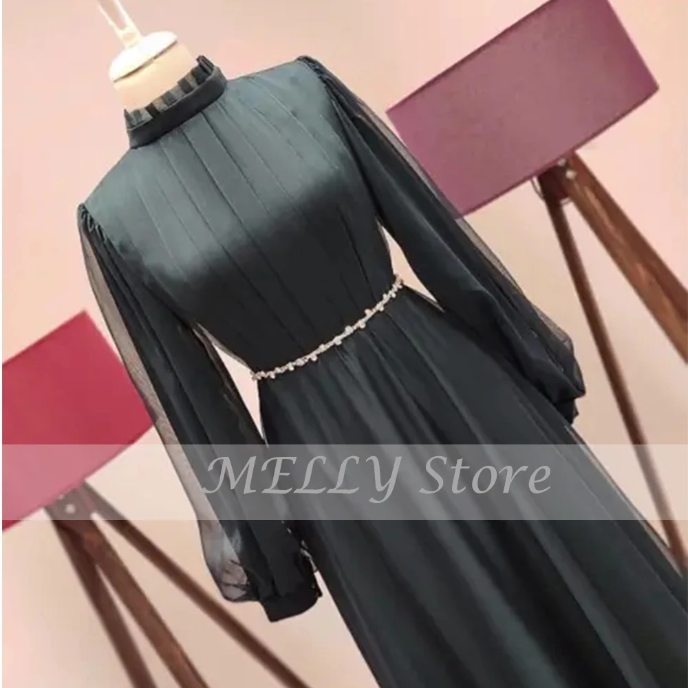 Klassische Abendkleider Für Frauen Hohe Kragen Voll Sleeves Zipper Prom Kleider Chiffin A-Line Bodenlangen فساتين سهره فاخرة طويلة