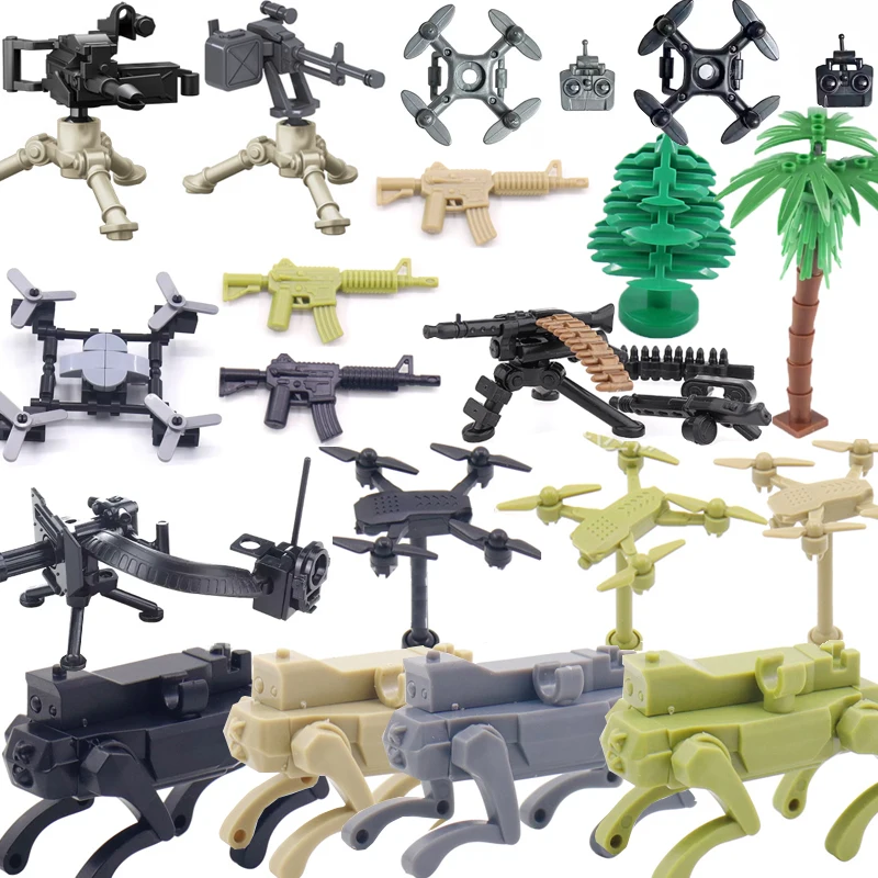 Acessórios de cena militar da segunda guerra mundial, blocos de construção, metralhadora pesada, rifle, robô, lobo, modelo uav, base militar, cerca, tijolos moc, brinquedos