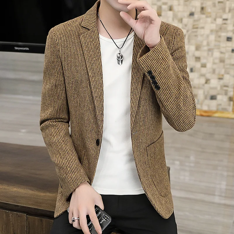 

HOO 2024 Men's Autumn New Striped blazer Youth Slim Casual Fashion Tailored blazers