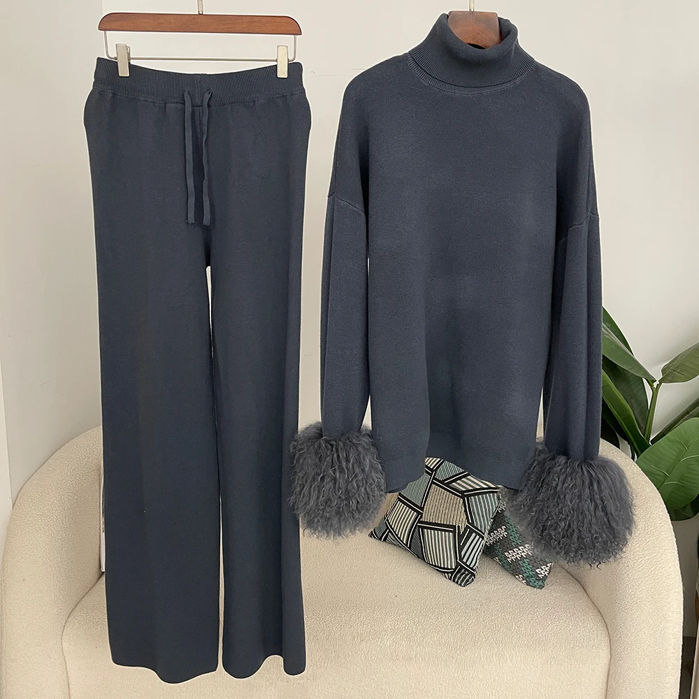 OFTBUY Wool & Blend ถักเสื้อกันหนาวและกางเกงเสื้อกันหนาวผู้หญิงชุดจริงแกะมองโกเลียขนสัตว์ Cuffs คุณภาพสูงถักชุด