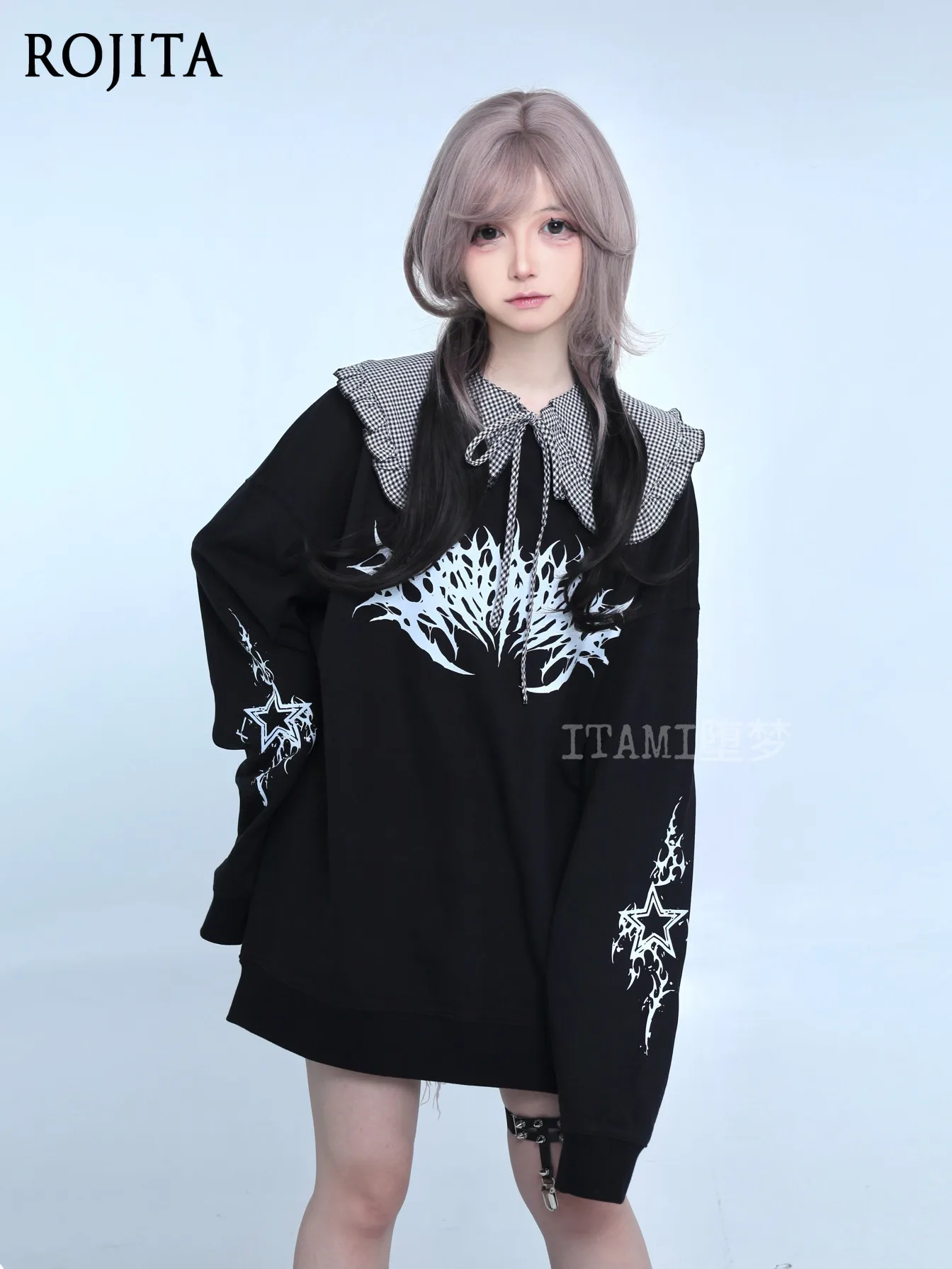 

Gothic Print Crewneck Sweatshirt Japanese Style Spring Autumn Loose Unisex Commuter Subculture National Trend Hoodies Women