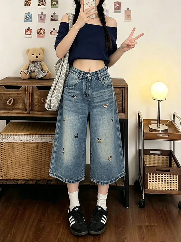 

Blue Embroidered Dog Skinny Jeans Women's Summer Thin Design Retro Wide Leg 7 Length Shorts Casual High Waist Cotton Blend