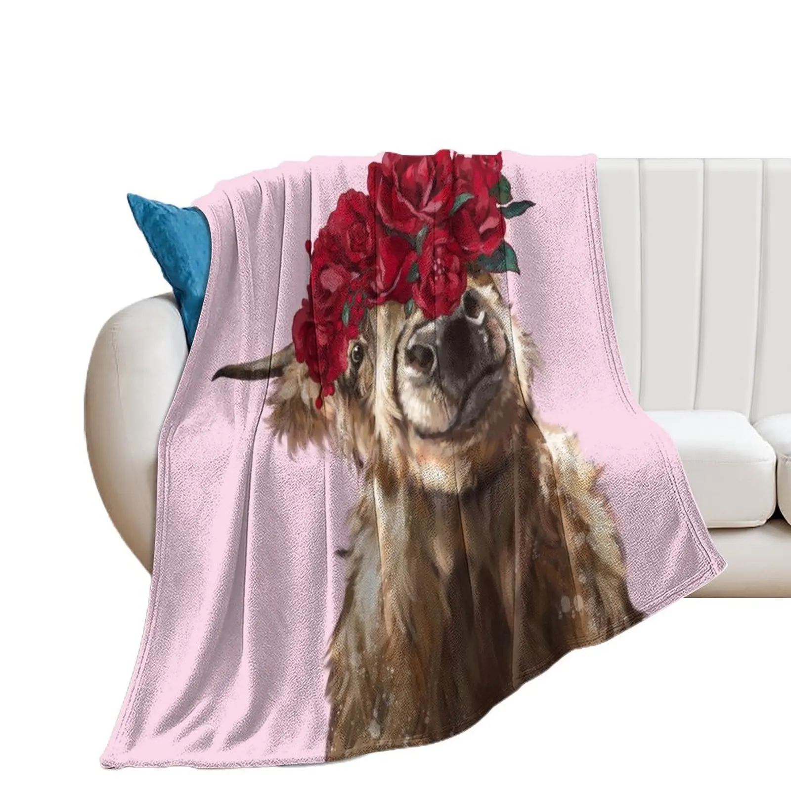 

Highland Cown with Rose Crown in Pink Throw Blanket Plaid on the sofa Fashion Sofas Blankets