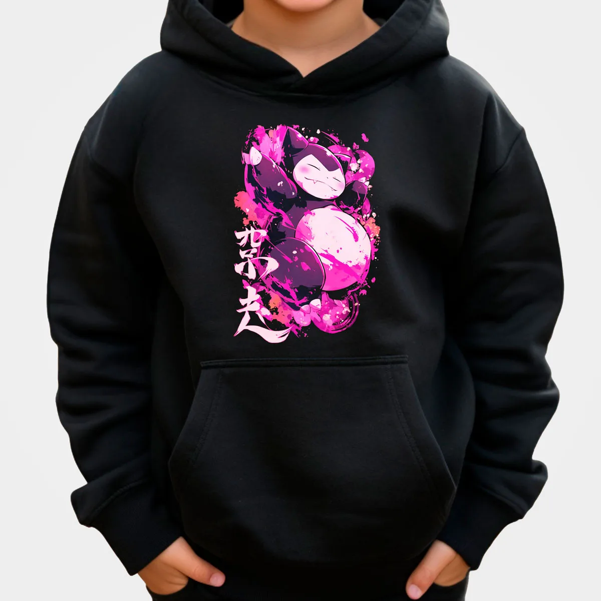 Pokemon Anime Snorlax Sudadera con capucha de algodón negro con salpicaduras de tinta rosa y púrpura durmiendo estampado frontal grande ajuste suelto calidez de otoño invierno