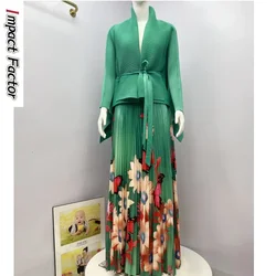 2024 Miyake pleats 2-piece set lapel lace-up waist top + change color high waist versatile skirt set