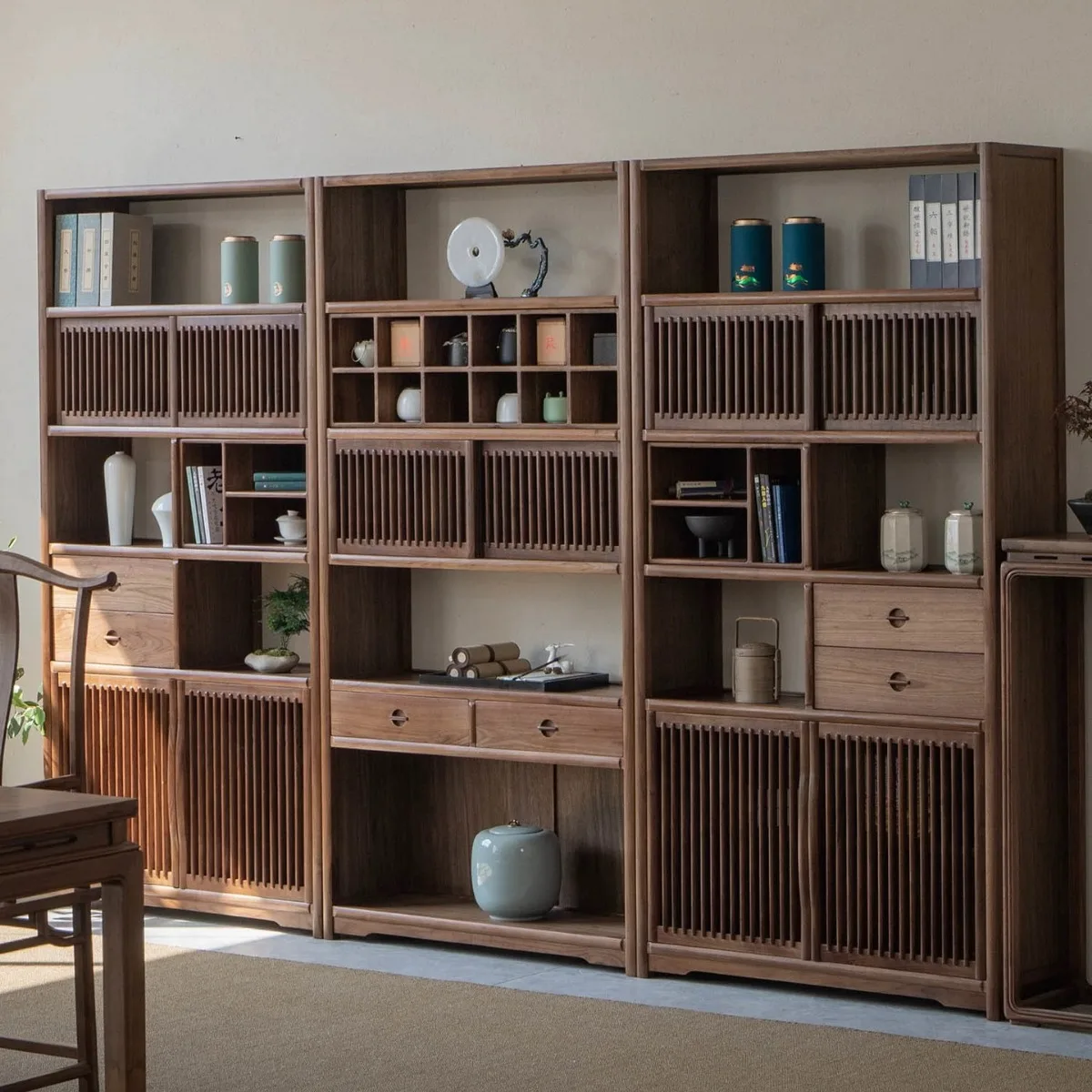 New Chinese Solid Wood Bogu Shelf Black Walnut Bookcase Display Cabinet Old Elm Duobao Pavilion Bookshelf Tea Room Shelf