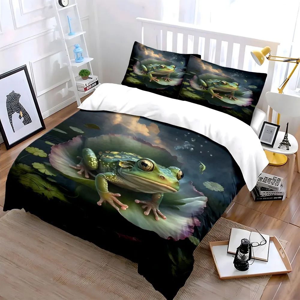 Frog resting on lotus leaf serene night Print Bedding Set 1 Duvet Cover 2 Pillowcases for Adult and Children Luxury Gift