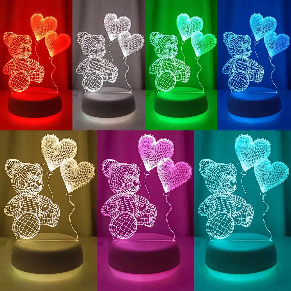 

Romantic 3D Night Bear Lamp Heart balloon Acrylic Engrave light for Valentine Day Decoration Atmosphere Led Novelty Night Light