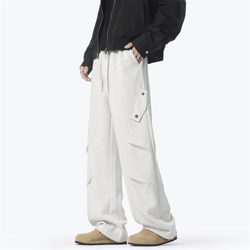 New Simple Men's Casual Pants Pleated Design Solid Color Drawstring Deconstruction Wide Leg Elastic Waist Sweatpants