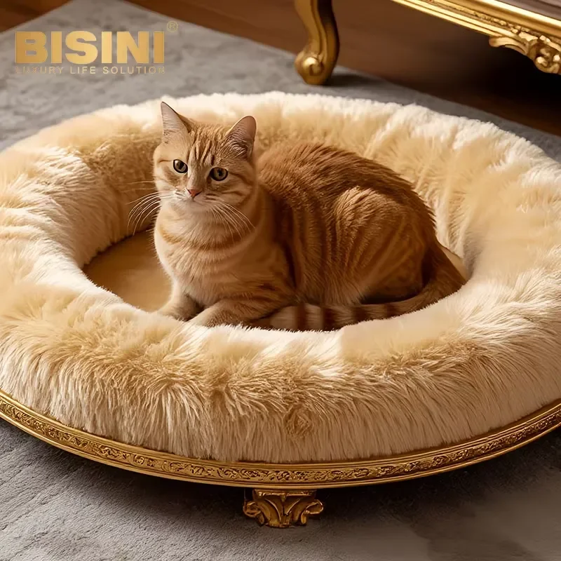 French Circular cat and Dog Bed, Solid Wood Carving, Flower cat and Dog Bed, Plush Luxury Pet, Indoor Small Dog and cat Mat