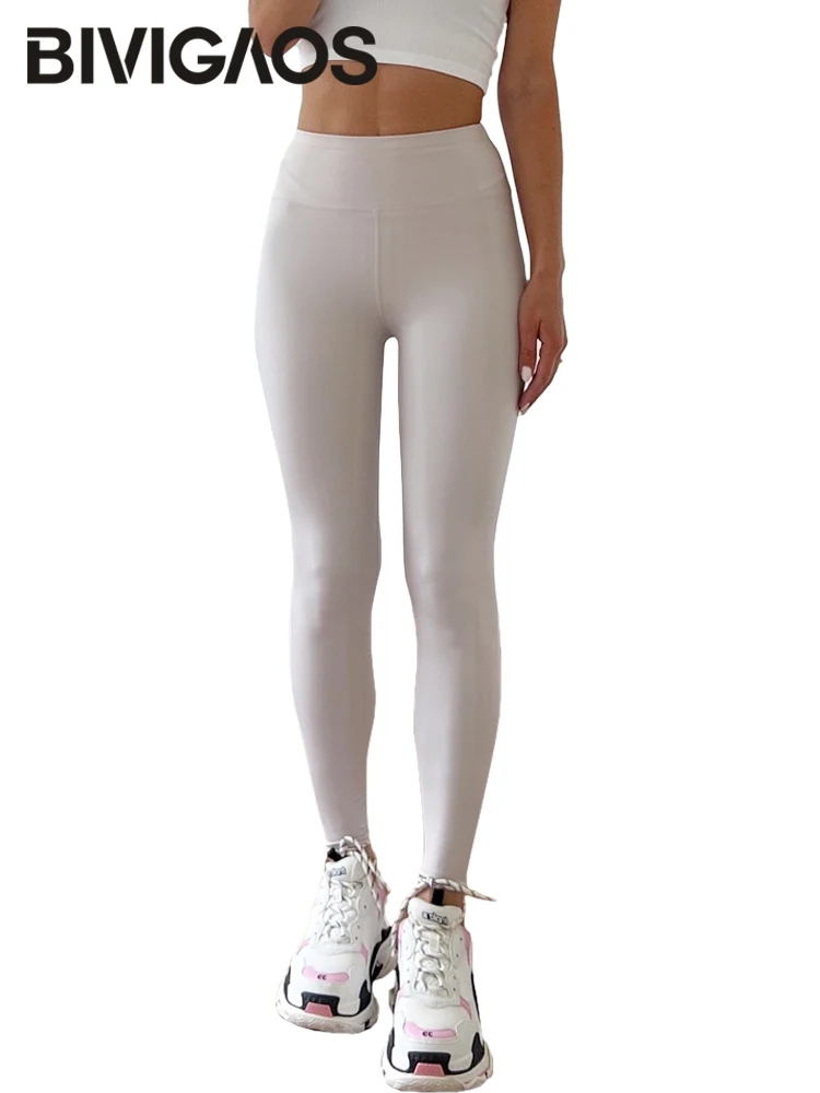 BIVIGAOS-mallas ajustadas de cintura alta para mujer, Leggings ajustados de color blanco y caqui, para Fitness, primavera, verano