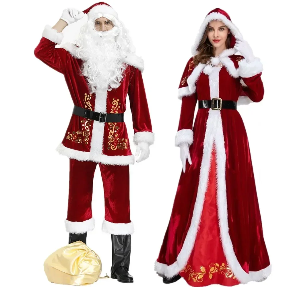 Traje de natal de veludo vermelho de luxo adultos festa de natal cosplay casal papai noel roupas para homens e mulheres terno plus size