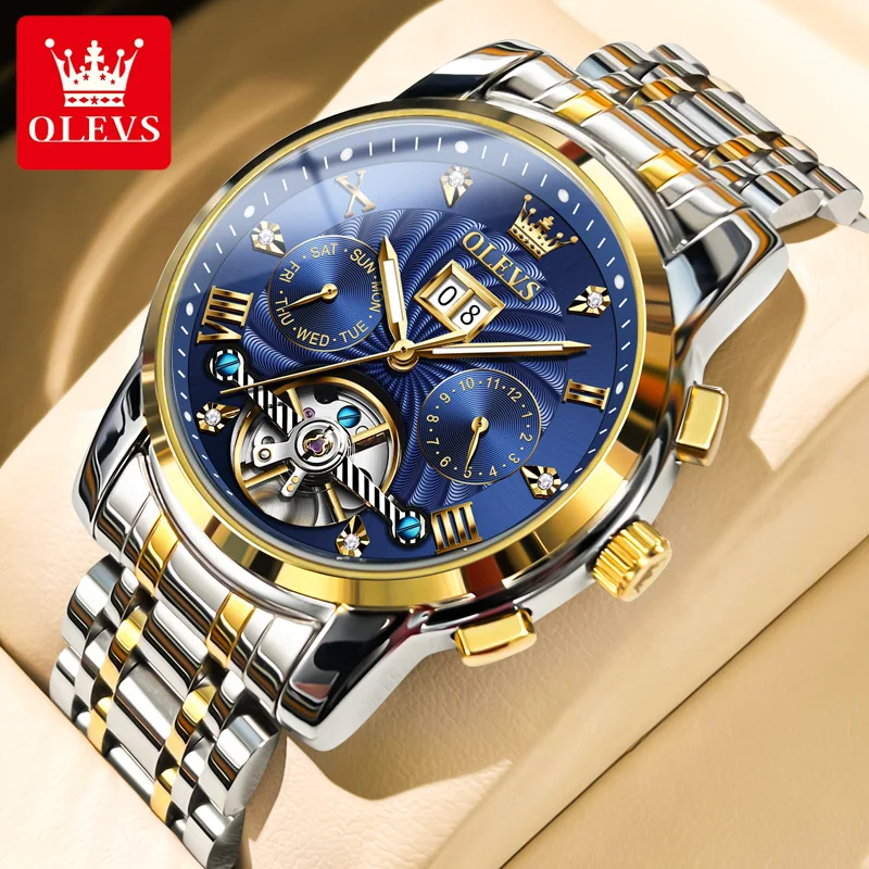 

OLEVS 9910 Original Automatic Mechanical Watch for Men Tourbillon Skeleton Design Stainless Steel Men's Wristwatch Moon Phase