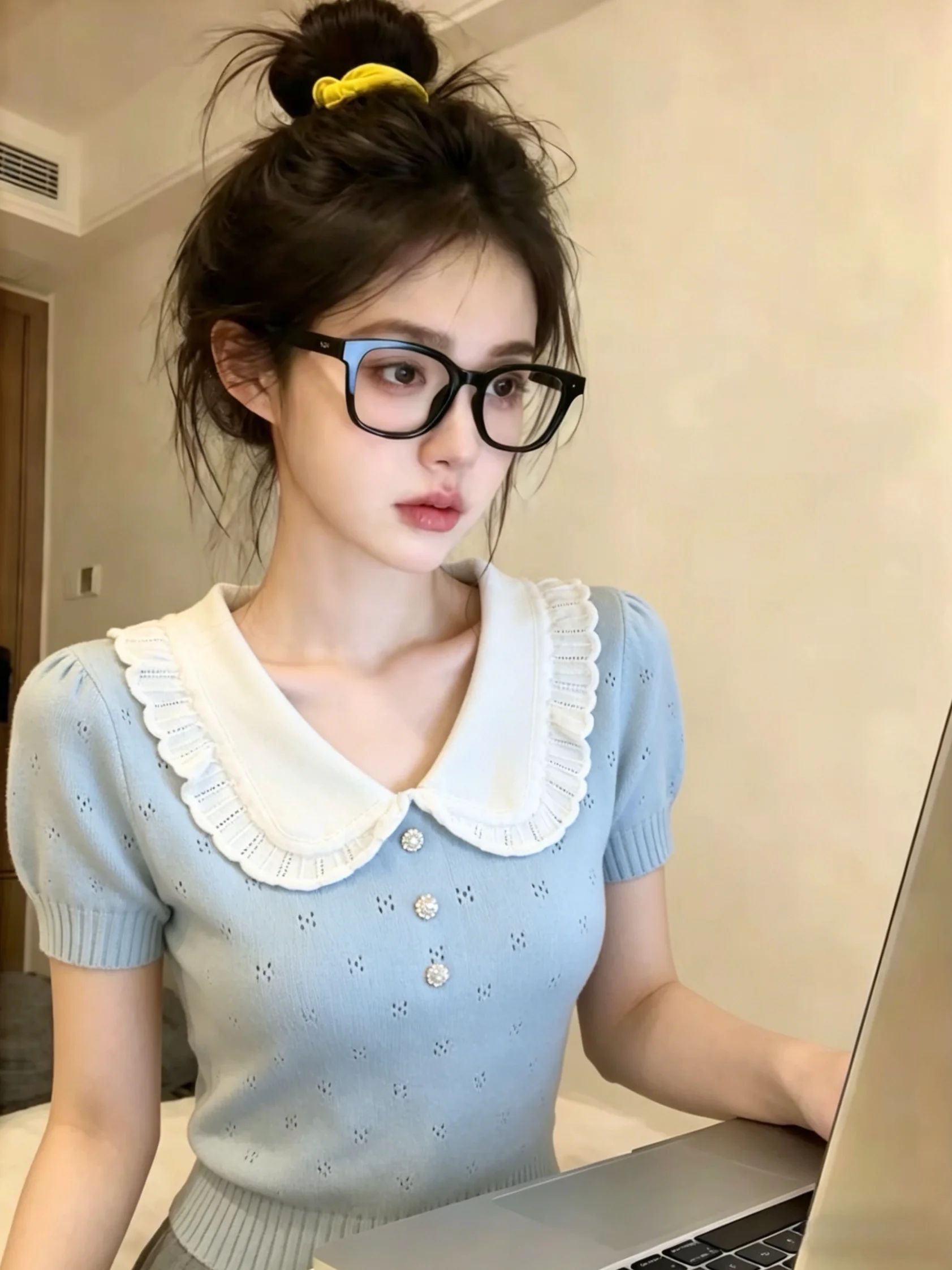 

Sweet Style Color Block Doll Collar Short Sleeve Knitted Sweater Women's Summer New Gentle Beautiful Top Self Kept Style Bubb...