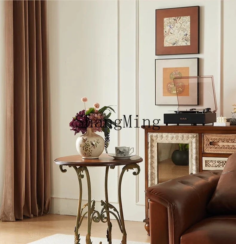 طاولة قهوة صغيرة من الخشب CL، طاولة بحافة مستديرة معدنية، شرفة قهوة، طاولة مستديرة صغيرة