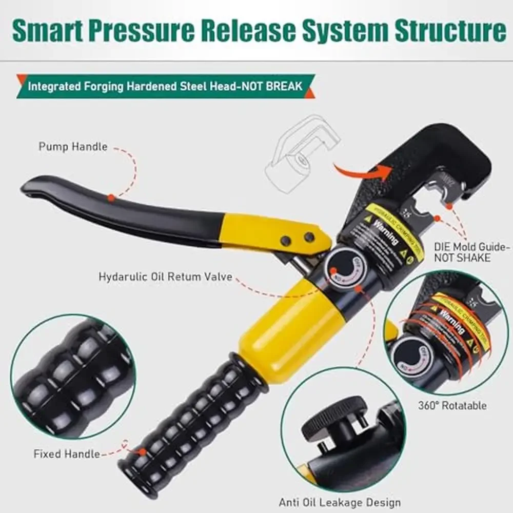 10 Ton Hydraulic Cable Crimper and Cutter Tool with 11 Dies Wire Lug Terminal Crimper 12-2/0 AWG Heavy Duty Hydraulic Crimping