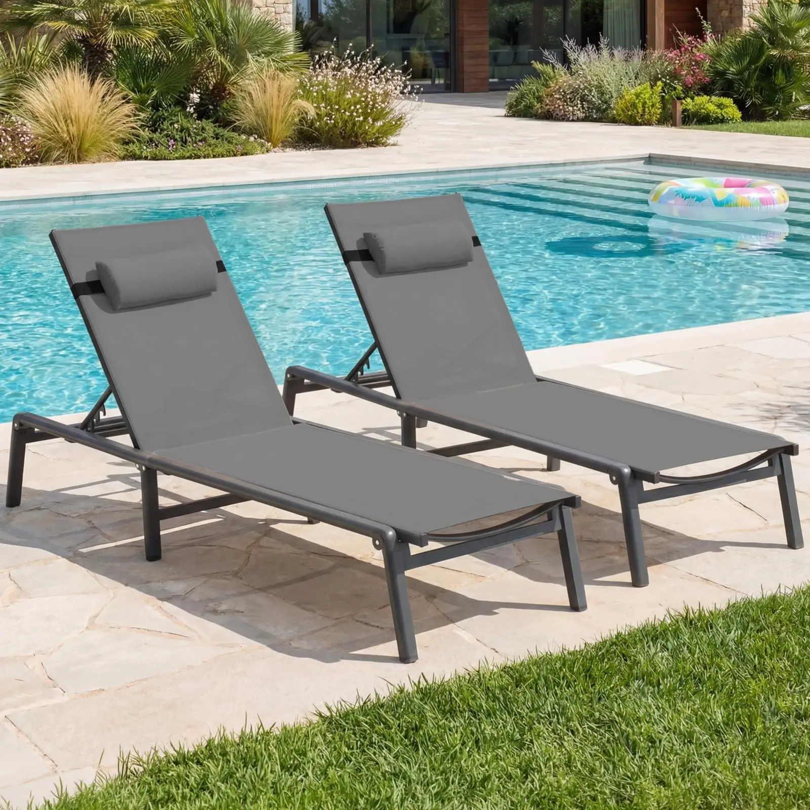 2 PCS Chaise Lounge Chair Outdoor for Outside Poolside Patio Beach, Grey | Foldable & Assembly Free Outdoor Lounge