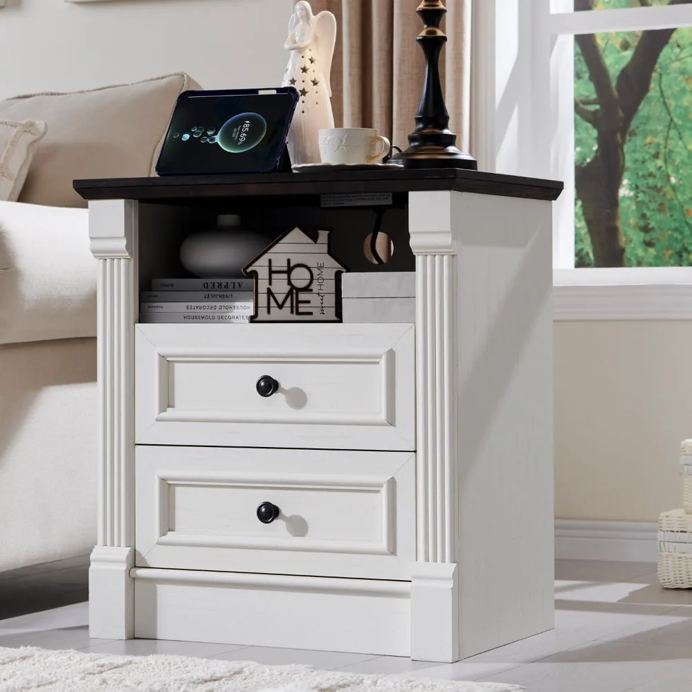 Rustic Farmhouse Style 26 Tall Dresser with 2 Drawers, Wide 23.6 Nightstand for Bedroom with Charging Station, Wooden Roma Side