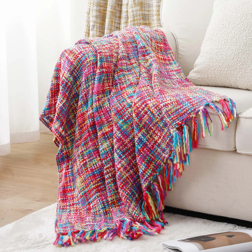 Battilo Orange Kint Throw Blanket With Tassels Fall Multicolor Boho Throws For Bed Decorative Sofa Blanket Bedspread On the Bed