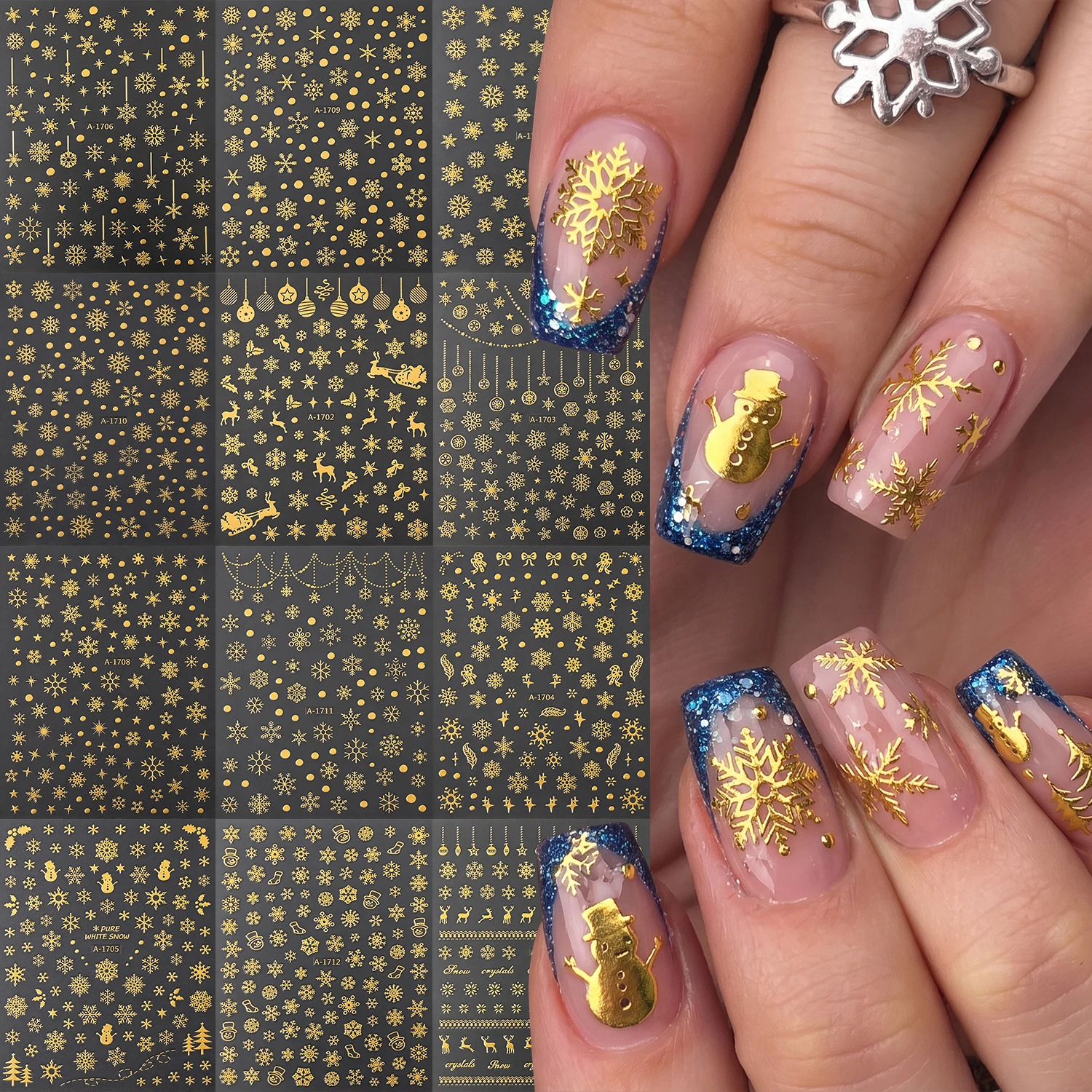 12Pcs 3D Bronzing Gold Christmas Nail Stickers Winter Snowflakes Snowman Elk Design Self Adhesive Decals DIY New Year Sliders