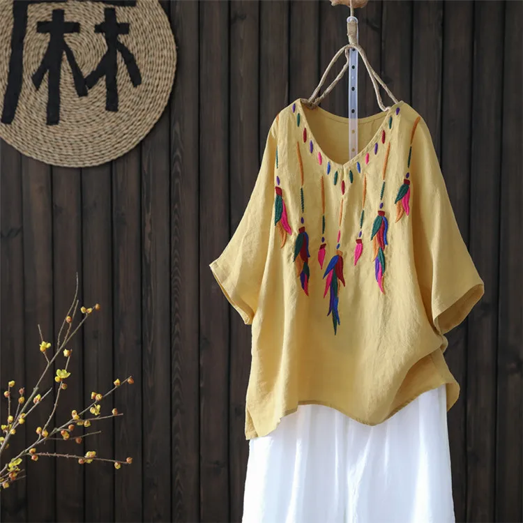 

Summer Cotton Linen T-irt Embroidered Loose Fit ort Sve Women's Base Layer irt plus Size Ethnic Sle V-Ne Top