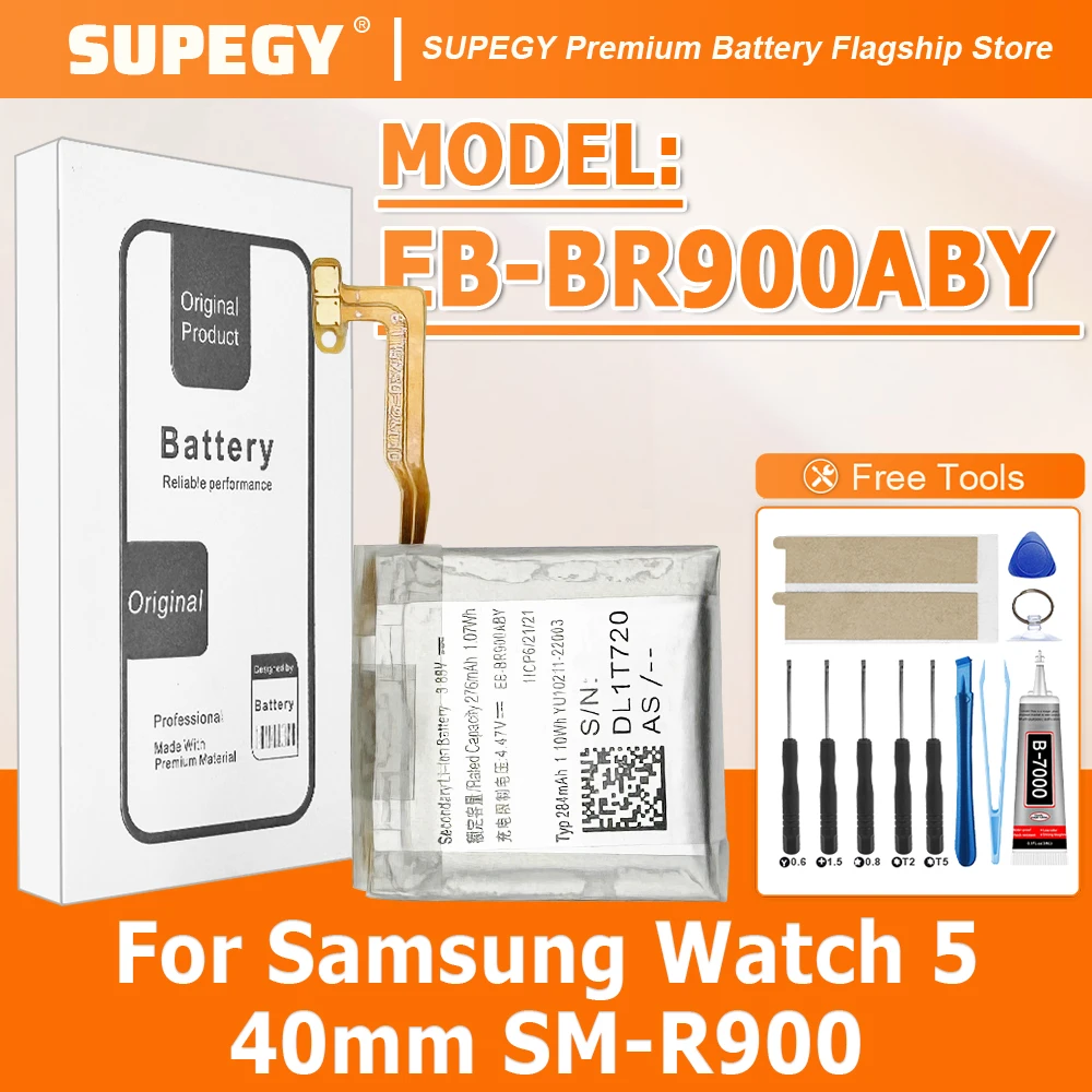 

Аккумулятор SUPEGY 100% новый, модель EB-BR900ABY, 276 мАч, для смарт-часов Samsung Watch 5 40 мм SM-R900 + Бесплатные инструменты