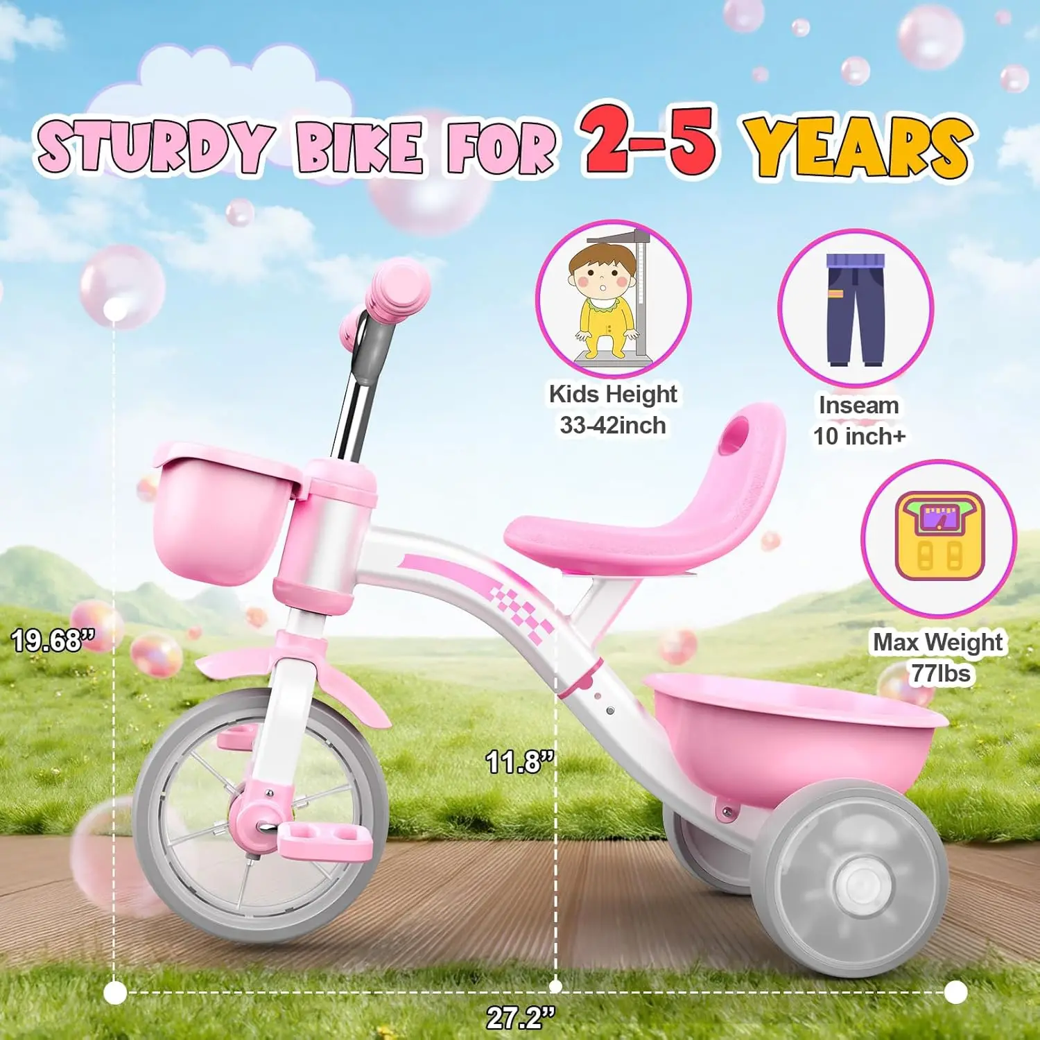 Toddler Tricycle for 1-5 Years, Pink Baby Bike with Light-Up Wheels, 4-Level Adjustable Seat, 2 Baskets, Outdoor Riding Toy for Girls view 6