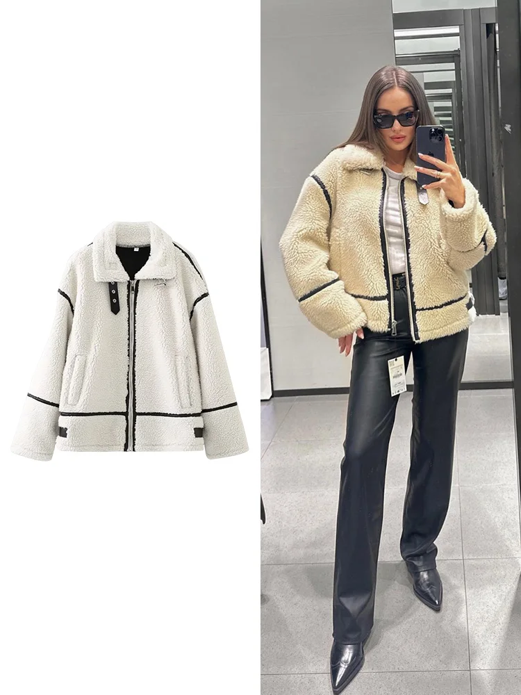 TRAF Women\'s High Street Fashion Biker Jacket European and American Style Casual Fur One-piece Lamb Fur Clash Colour Warm Coat