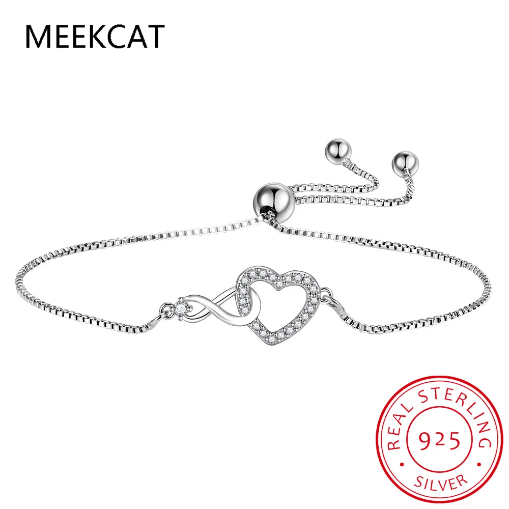 925 Sterling Silver Romantic Infinity Endless Love Symbol Heart Charm Adjustable Bracelet Pulseira Women Valentine's Day Gift