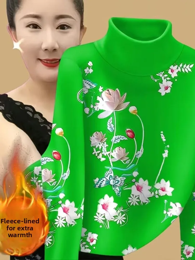 

New Autumn Winter Faionable Long Sve T-irt Base irt Warm Top Velvet f High Collar Ladies Commute Sle Ethnic Trend