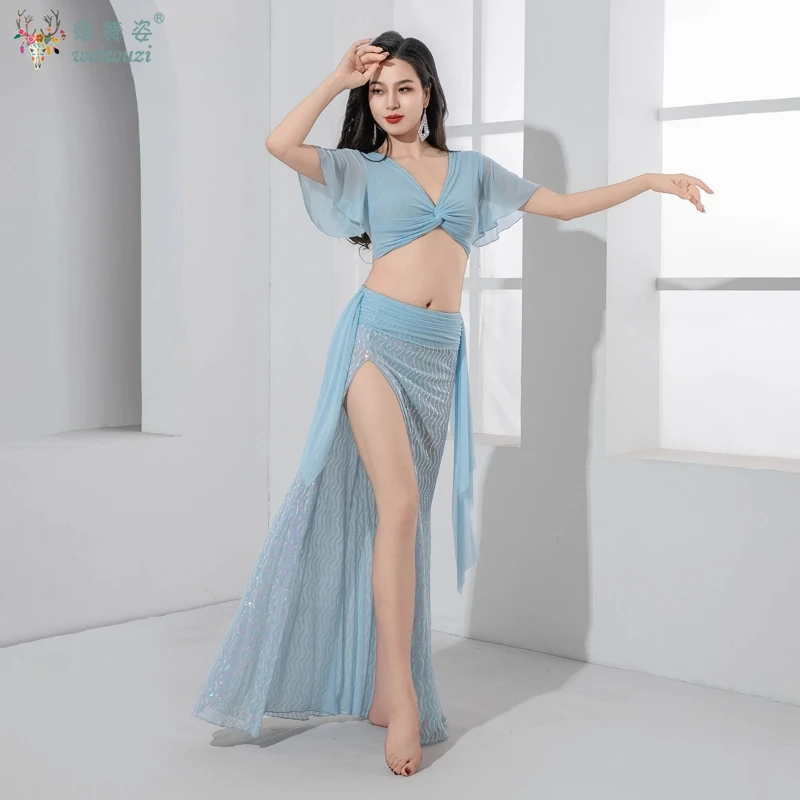 BellyDance Performance Costume for Women's Sexy V-neck Top+Sequins Long Skirt 2pcs Adult Oriental Belly Dancing Practice Clothes