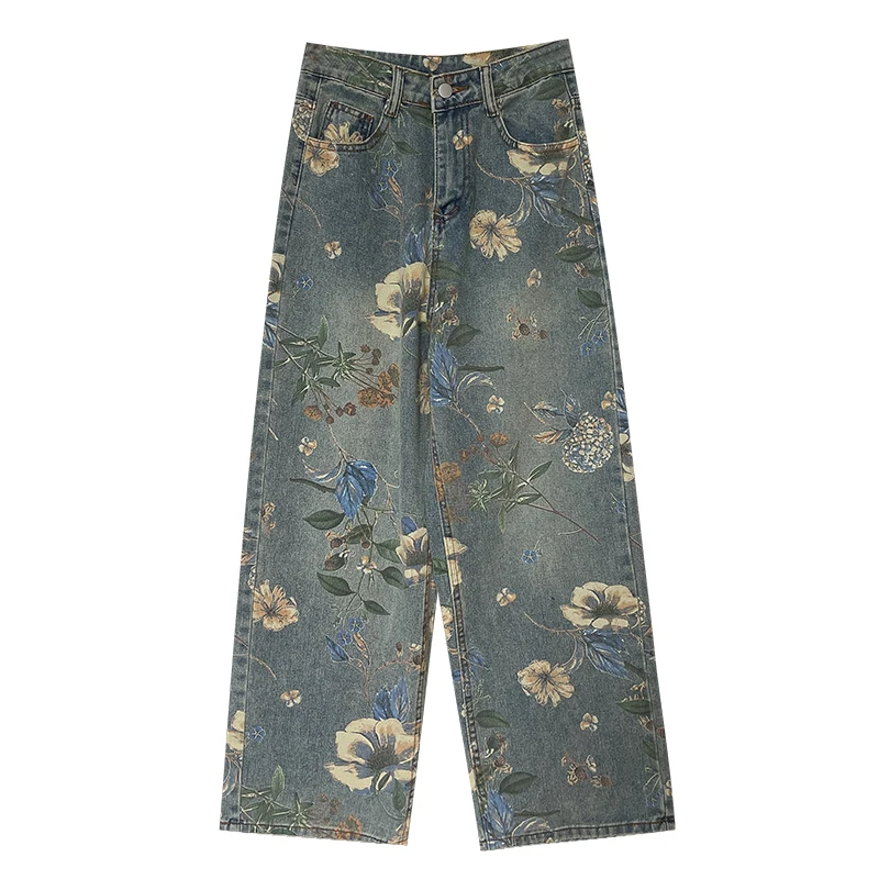 Retro Loose Flower Printed Jeans Women Fashion Versatile Straight Trousers Autumn New Personalized Denim Wide Leg Pants 2026