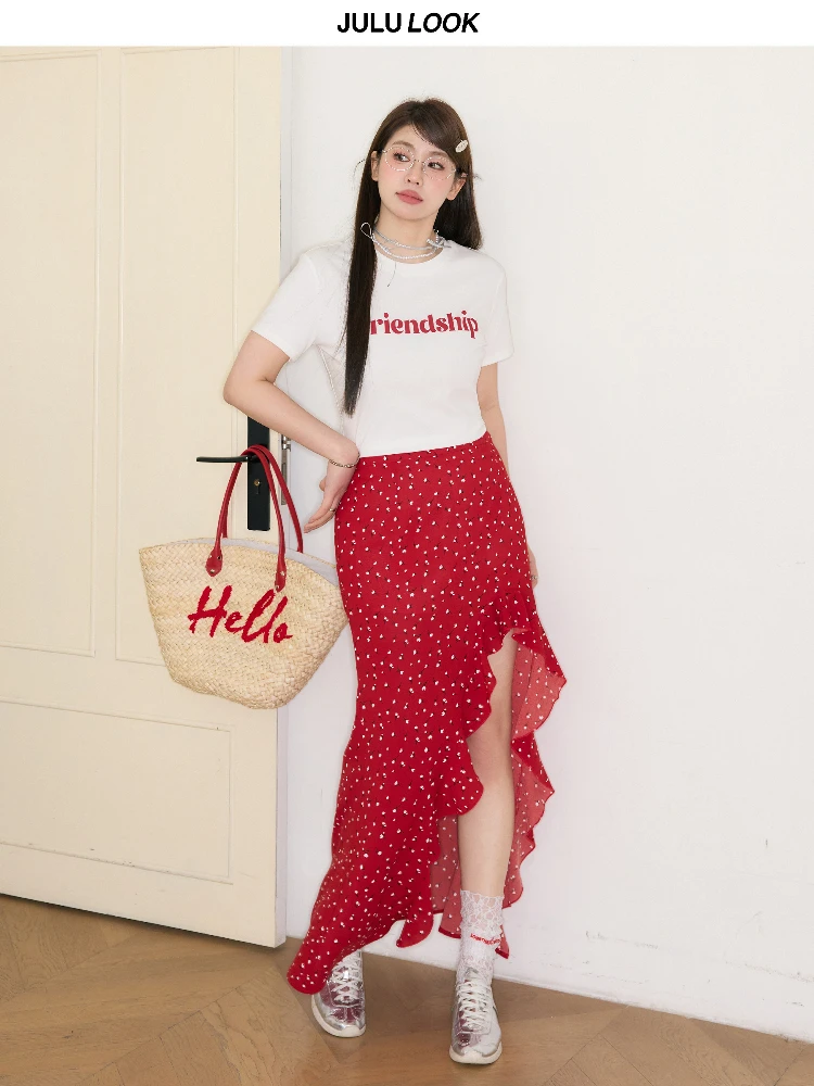 Falda de talla grande con estampado floral, dobladillo asimétrico y grandes volantes para mujeres con curvas, temporada de verano, fibra de poliéster, Sandal pe...