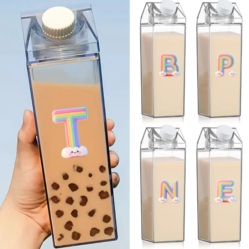 

1000ml Milk Bottle Milk Carton-Shaped Dairy Container Cold Drink Tumbler with Leakproof Lid Colorful Clouds Letter Pattern