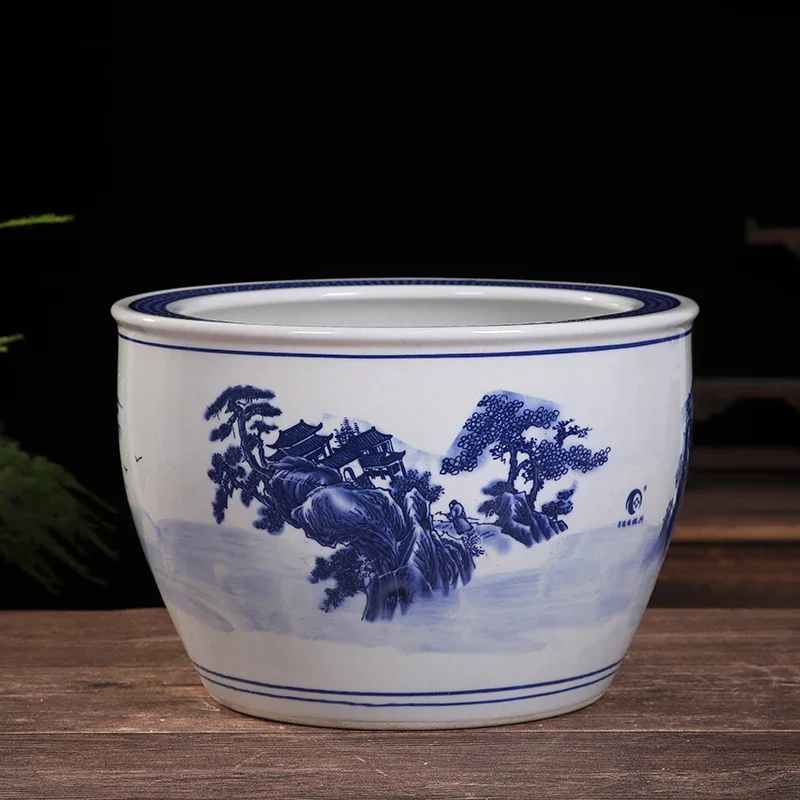 8 Inch Porcelain Plant Pot Outdoor Blue and White Tree Big Ceramic Fishbowl Planter Vintage Pottery Planter Pots Flower Chinese