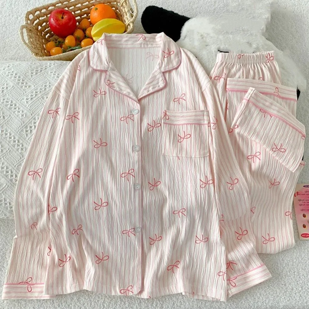 

Ins Stripe Bow Pajamas Set Loose Korean Style Long Sleeves Pajamas Casual Home Wear Two Piece Nightwears Women